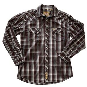 Larry Mahan Mens Brown Plaid Western‎ Pearl Snap Shirt Long Sleeve Large